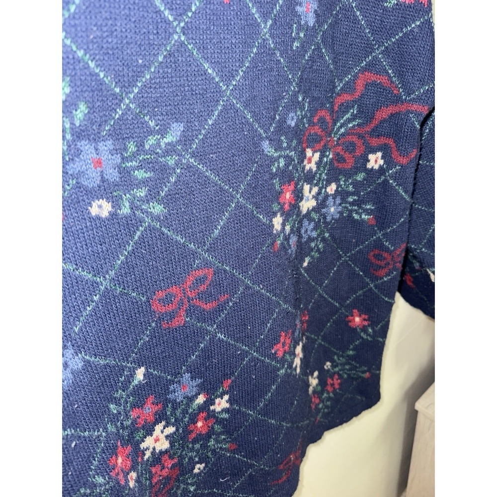Basic Editions Navy Green Floral Knit Sweater Scalloped Crewneck Medum - Picture 4 of 7